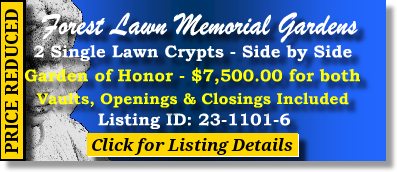 2 Single Lawn Crypts $7500K! Forest Lawn Memorial Gardens College Park, GA Honor The Cemetery Exchange 23-1101-6