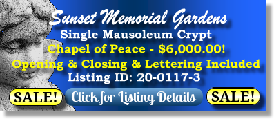 Single Crypt on Sale Now $6K! Sunset Memorial Gardens Fredericksburg, VA Chapel of Peace The Cemetery Exchange