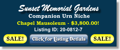Companion Urn Niche on Sale Now $3800! Sunset Memorial Gardens Billings, MT Chapel Mausoleum The Cemetery Exchange