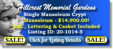 Single Crypt on Sale Now $14900K! Hillcrest Memorial Gardens Fort Pierce, FL Mausoleum The Cemetery Exchange