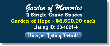 2 Single Grave Spaces for Sale $6500ea! Garden of Memories Tampa, FL Garden of Hope The Cemetery Exchange