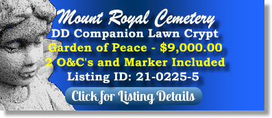 DD Companion Lawn Crypt for Sale $9K! Mount Royal Cemetery Glenshaw, PA Gdn of Peace The Cemetery Exchange 21-0225-5