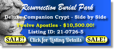Deluxe Companion Crypt on Sale Now $10500! Resurrection Burial Park Piscataway, NJ Twelve Apostles The Cemetery Exchange