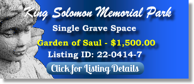 Single Grave Space for Sale $1500! King Solomon Memorial Park Clifton, NJ Saul The Cemetery Exchange