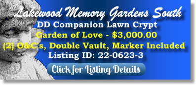 DD Companion Lawn Crypt for Sale $3K! Lakewood Memory Gardens South Rossville, GA Love The Cemetery Exchange 22-0623-3