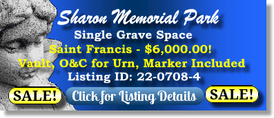 Single Grave Space on Sale Now $6K! Sharon Memorial Park Charlotte, NC Saint Francis The Cemetery Exchange 22-0708-4