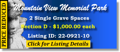 2 Single Grave Spaces $1Kea! Mountain View Memorial Park Boulder, CO Section D The Cemetery Exchange 22-0921-10