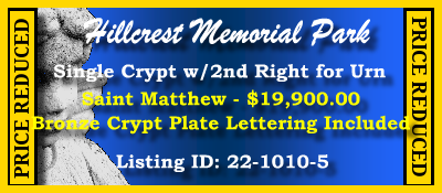 Single Crypt for Sale $19900! Hillcrest Memorial Park Dallas, TX Saint Matthew #cemeteryexchange 22-1010-5