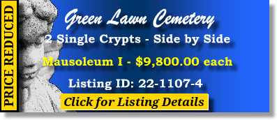 2 Single Crypts $9899ea! Green Lawn Cemetery Roswell, GA Mausoleum I The Cemetery Exchange 22-1107-4