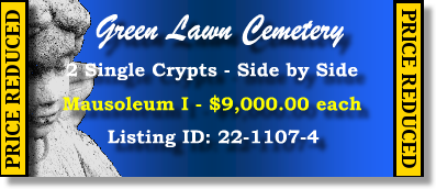 2 Single Crypts $9Kea! Green Lawn Cemetery Roswell, GA Mausoleum I #cemeteryexchange 22-1107-4