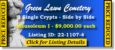 2 Single Crypts $9Kea! Green Lawn Cemetery Roswell, GA Mausoleum I #cemeteryexchange 22-1107-4