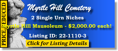 2 Single Urn Niches $2Kea! Myrtle Hill Cemetery Rome, GA Mausoleum The Cemetery Exchange 22-1110-3
