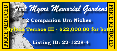 2 Companion Urn Niches for Sale $22K! Fort Myers Memorial Gardens Fort Myers, FL Sylvan Terrace 3 #cemeteryexchange 22-1228-4