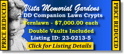 2 DD Companion Lawn Crypts $7Kea! Vista Memorial Gardens Miami Lake, FL Fernlawn The Cemetery Exchange 23-0213-5
