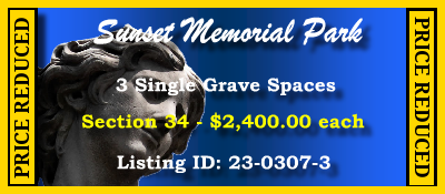 3 Single Grave Spaces $2400ea! Sunset Memorial Park North Olmsted, OH Section 34 #cemeteryexchange 23-0307-3