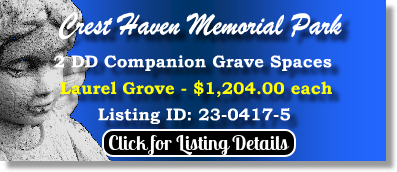 2 DD Companion Grave Spaces $1204ea! Crest Haven Memorial Park Clifton, NJ Laurel Grove The Cemetery Exchange 23-0417-5