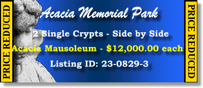 2 Single Crypts $12Kea! Acacia Memorial Park Seattle, WA Acacia Mausoleum #cemeteryexchange 23-0829-3