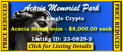 2 Single Crypts $8Kea! Acacia Memorial Park Seattle, WA Acacia Mausoleum #cemeteryexchange 23-0829-3