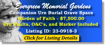 Companion Urn Space $7500! Evergreen Memorial Gardens Vancouver, WA Faith The Cemetery Exchange 23-0918-3