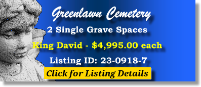 2 Single Grave Spaces $4995ea! Greenlawn Cemetery Jacksonville, FL King David The Cemetery Exchange 23-0918-7