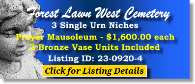 3 Single Urn Niches $1600ea! Forest Lawn West Cemetery Charlotte, NC Prayer The Cemetery Exchange 23-0920-4
