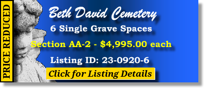 6 Single Grave Spaces $4995ea! Beth David Cemetery Elmont, NY Section AA-2 The Cemetery Exchange 23-0920-6