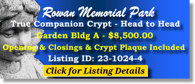 True Companion Crypt $8500! Rowan Memorial Park Salisbury, NC Garden Bldg A The Cemetery Exchange 23-1024-4