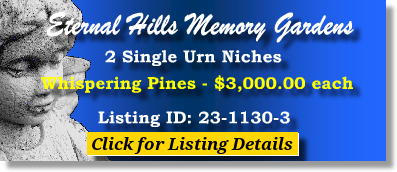 2 Single Urn Niches $3Kea! Eternal Hills Memory Gardens Snellville, GA Whispering Pines The Cemetery Exchange 23-1130-3