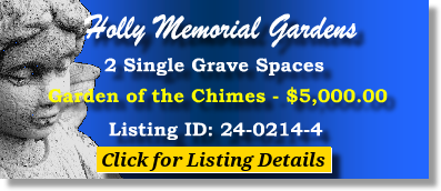 2 Single Grave Spaces $5K! Holly Memorial Gardens Charlottesville, VA Chimes The Cemetery Exchange 24-0214-4