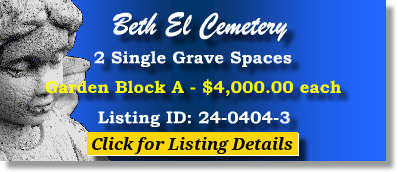 2 Single Grave Spaces $4Kea! Beth El Cemetery Paramus, NJ Block A The Cemetery Exchange 24-0404-3