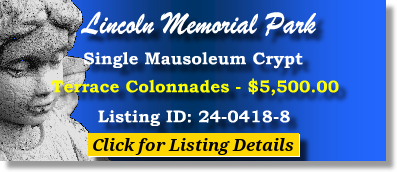 Single Crypt $5500! Lincoln Memorial Park Portland, OR Terrace Colonnades The Cemetery Exchange 24-0418-8