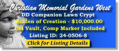 DD Companion Lawn Crypt $10K! Christian Memorial Gardens West Rochester Hills, MI Creaton #cemeteryexchange 24-0506-8