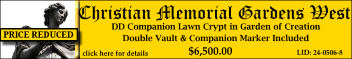 DD Companion Lawn Crypt $6500! Christian Memorial Gardens West Rochester Hills, MI Creaton #cemeteryexchange 24-0506-8