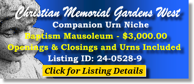 Companion Urn Niche $3K! Christian Memorial Gardens West Rochester Hills, MI Gdn of Baptism Mausoleum The Cemetery Exchange 24-0528-9
