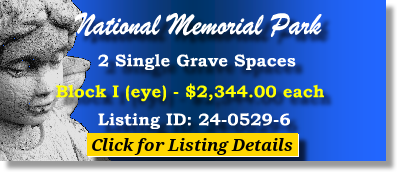 2 Single Grave Spaces $7596ea! National Memorial Park Falls Church, VA Block I The Cemetery Exchange 24-0529-6