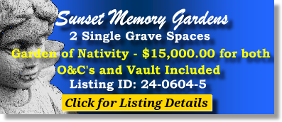 2 Single Grave Spaces $15K! Sunset Memory Gardens Thonotosassa, FL Nativity The Cemetery Exchange 24-0604-5