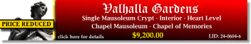 Single Crypt $9200! Valhalla Gardens Belleville, IL Chapel Mausoleum #cemeteryexchange 24-0604-6