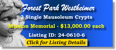 2 Single Crypts $13Kea! Forest Park Westheimer Houston, TX Mission Memorial The Cemetery Exchange 24-0610-6