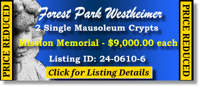 2 Single Crypts $9Kea! Forest Park Westheimer Houston, TX Mission Memorial #cemeteryexchange 24-0610-6