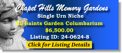 Single Urn Niche $6500! Chapel Hills Memory Gardens Jacksonville, FL All Saints The Cemetery Exchange 24-0624-8