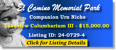 Companion Urn Niche $15K! El Camino Memorial Park San Diego, CA Lakeview III #cemeteryexchange 24-0729-4