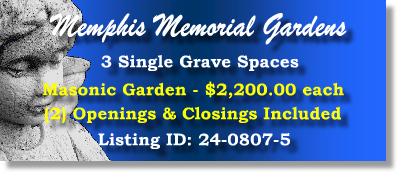 3 Single Grave Spaces $2200ea! Memphis Memorial Gardens Bartlett, TN Masonic #cemeteryexchange 24-0807-5