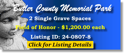 2 Single Grave Spaces $1200ea! Butler County Memorial Park Butler, PA Field of Honor #cemeteryexchange 24-0807-8