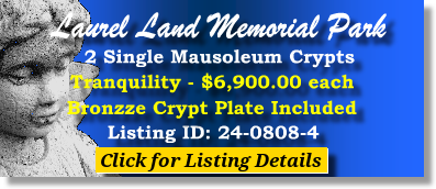 2 Single Crypts $6900ea! Laurel Land Memorial Park Fort Worth,TX Tranquility #cemeteryexchange 24-0808-4