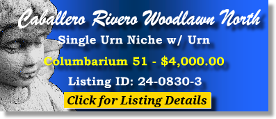 Single Urn Niche $4K! Caballero Rivero Woodlawn North Miami, FL Columbarium 51 #cemeteryexchange 24-0830-3