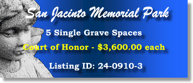 5 Single Grave Spaces $3600ea! San Jacinto Memorial Park Houston, TX Court of Honor #cemeteryexchange 24-0910-3