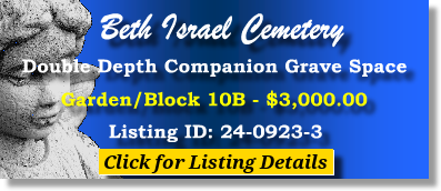 DD Companion Grave Space $3K! Beth Israel Cemetery Woodbridge, NJ Block 10B #cemeteryexchange 24-0923-3