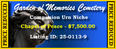 Companion Urn Niche $7500! Garden of Memories Cemetery Metairie, LA Peace #cemeteryexchange 25-0113-9