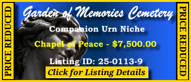 Companion Urn Niche $7500! Garden of Memories Cemetery Metairie, LA Peace #cemeteryexchange 25-0113-9