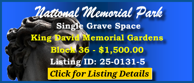 Single Grave Space $1500! Nationial Memorial Park Falls Church, VA King David #cemeteryexchange 25-0131-5